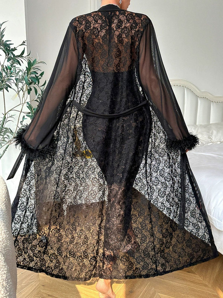2PCS Black 1940s Lace Sheer Sleepwear Set - vintage nightgown, retro sleepwear, classic black