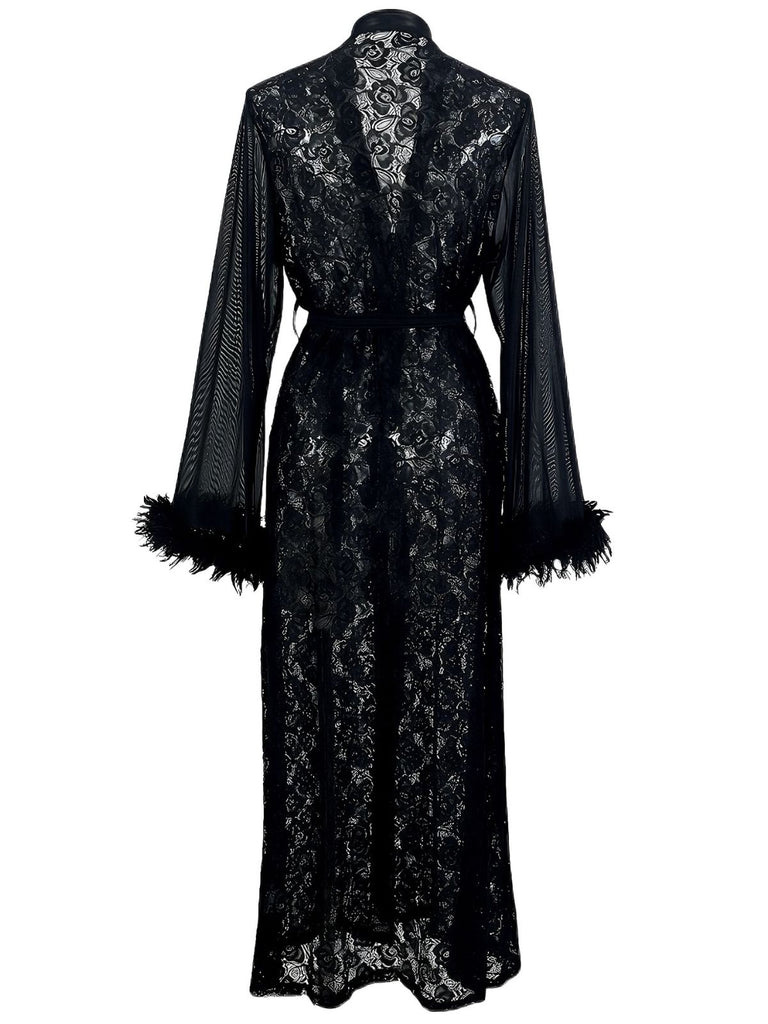 2PCS Black 1940s Lace Sheer Sleepwear Set - vintage nightgown, retro sleepwear, classic black