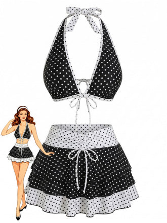 2PCS Black 1940s Polka Dot Halter Bikini Set & Cover-Up - vintage swimsuit, pin-up swimwear for vintage lovers