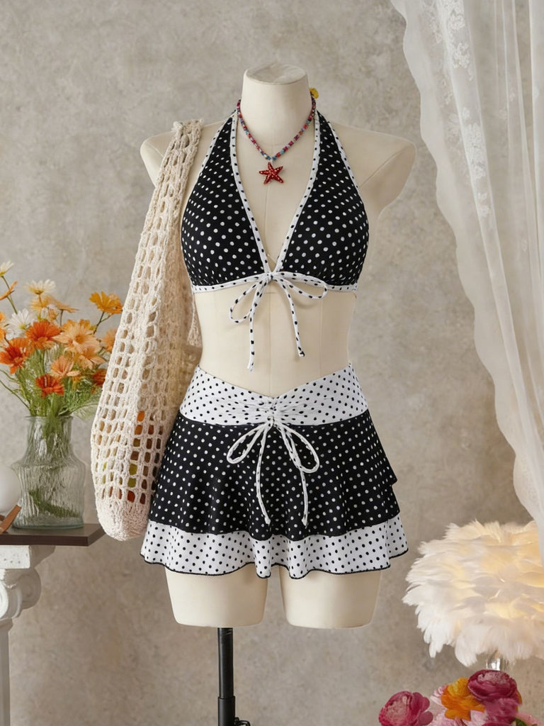 2PCS Black 1940s Polka Dot Halter Bikini Set & Cover-Up - vintage swimsuit, pin-up swimwear for vintage lovers