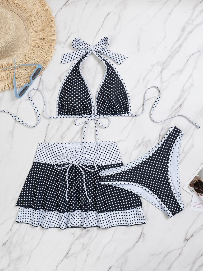 2PCS Black 1940s Polka Dot Halter Bikini Set & Cover-Up - vintage swimsuit, pin-up swimwear for vintage lovers