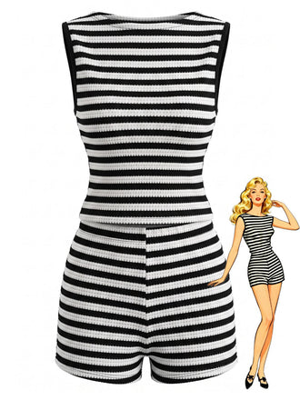 2PCS Black 1940s Striped Sleeveless Top & Hight Waist Shorts, vintage top, retro blouse - perfect for women who love vintage and retro fashion