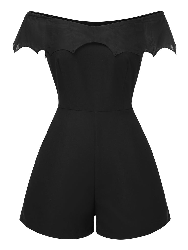 Black 1950s Gothic Bat Off-Shoulder Mesh Romper, vintage romper, retro jumpsuit - perfect for women who love vintage and retro fashion