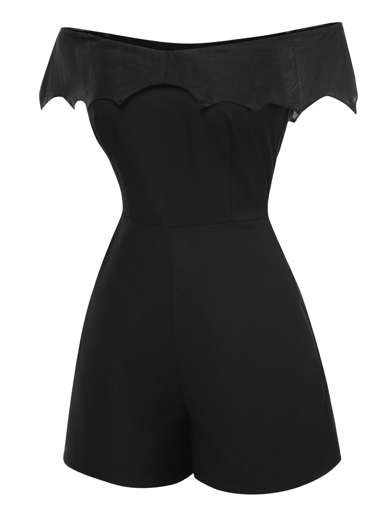 Black 1950s Gothic Bat Off-Shoulder Mesh Romper, vintage romper, retro jumpsuit - perfect for women who love vintage and retro fashion