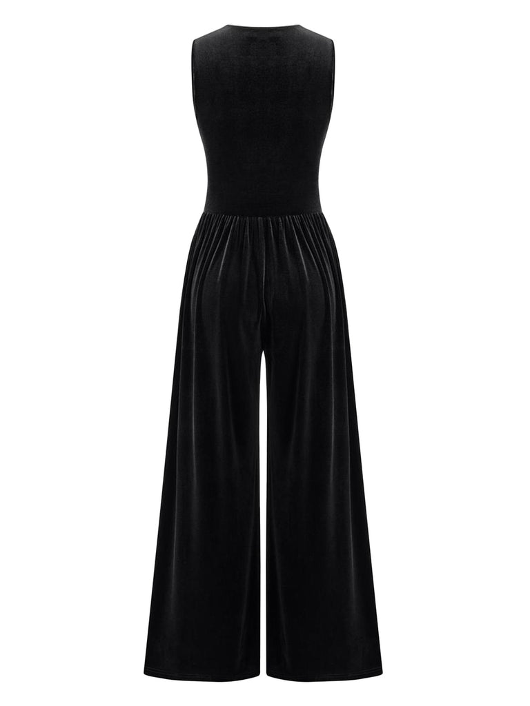 2PCS Black 1950s Mesh Top & Velvet Jumpsuit - vintage jumpsuit, retro fashion, classic black