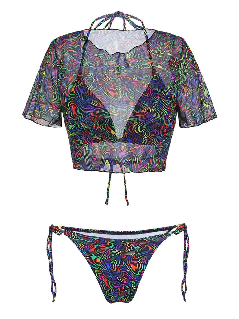 2PCS-Black-1960s-Camo-Bikini-Set-Mesh-Crop-Cover-Up, vintage, retro, swimwear