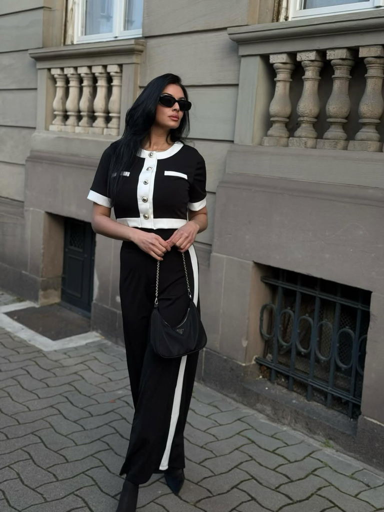 2PCS Black 1960s Solid Buttoned Top & Pants - vintage fashion, retro style, classic black