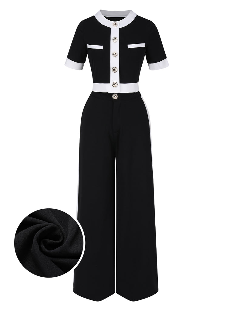 2PCS Black 1960s Solid Buttoned Top & Pants, vintage top, retro blouse - perfect for women who love vintage and retro fashion
