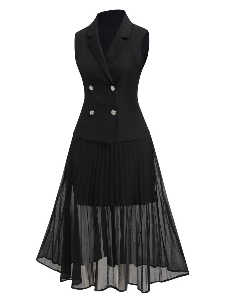 This 2PCS Black 1960s V-Neck Vest Top & Pleated Skirt brings 1960s soul to her everyday