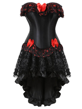 She sways in this 2PCS Black & Red 1970s Steampunk Bow Corset & Skirt and it's pure 1970s magic