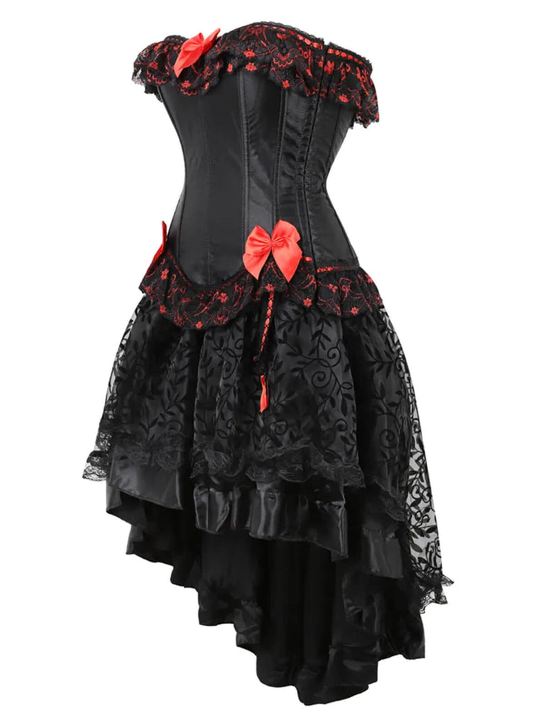 2PCS Black & Red 1970s Steampunk Bow Corset & Skirt: 1970s grace for the woman who dances through life