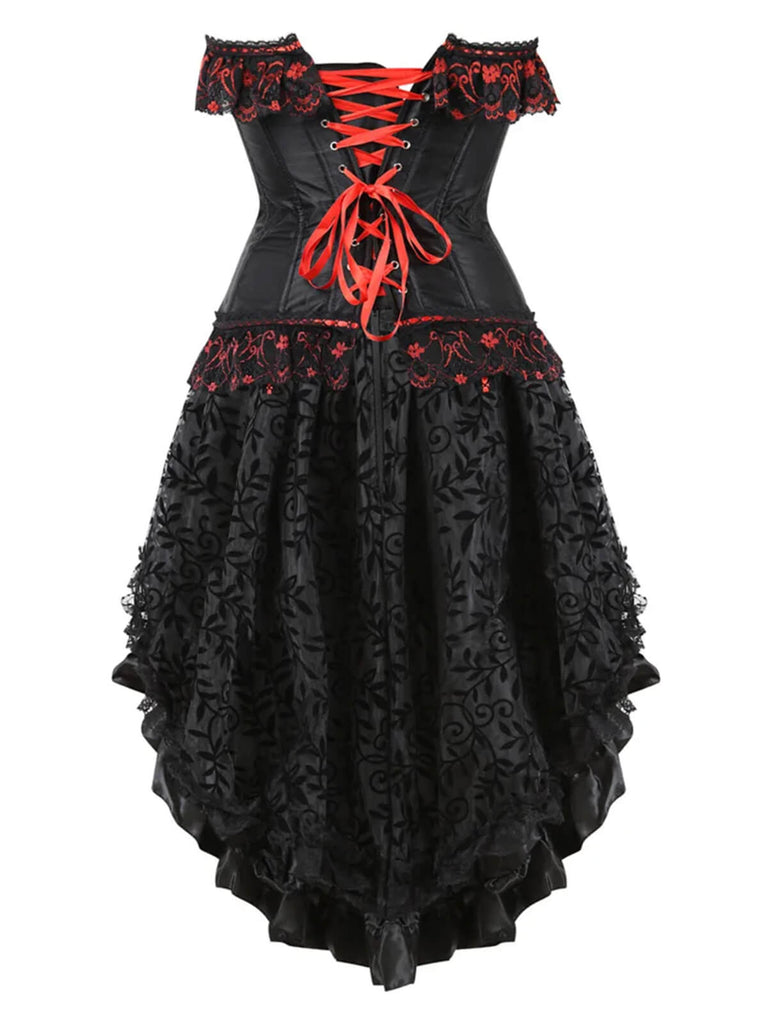 This 2PCS Black & Red 1970s Steampunk Bow Corset & Skirt spins 1970s stories with every step