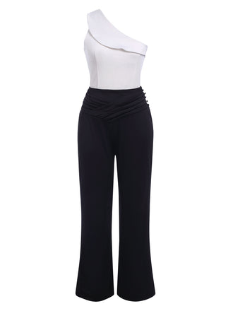 2PCS Black & White 1950s One-Shoulder Top & Pants, vintage top, retro blouse - perfect for women who love vintage and retro fashion