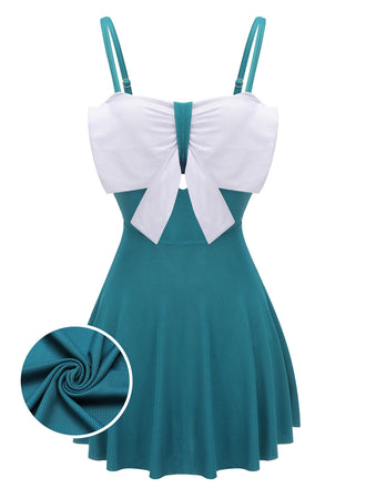 2PCS Blue 1930s Bow Strap Swimsuit & Skirt, vintage skirt, retro style - perfect for women who love vintage and retro fashion