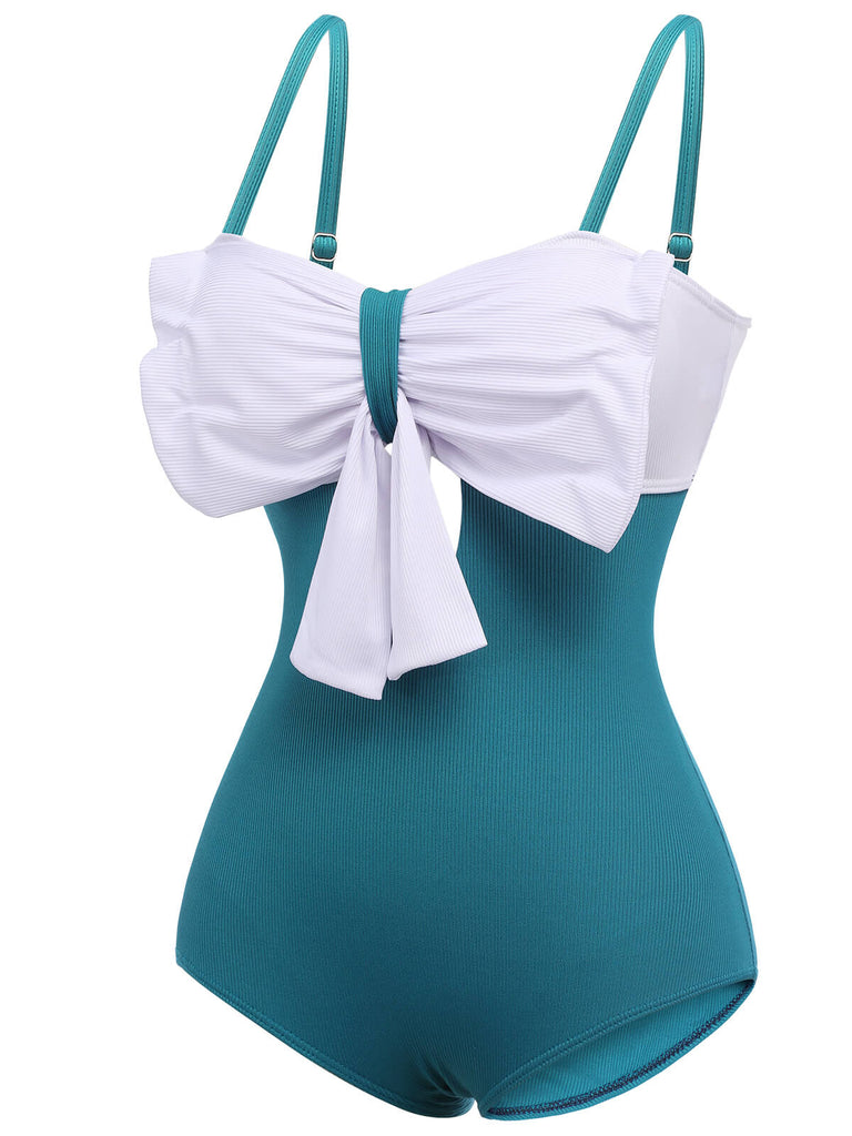 2PCS Blue 1930s Bow Strap Swimsuit & Skirt, vintage skirt, retro style - perfect for women who love vintage and retro fashion