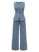 She walks in these 2PCS Blue 1940s Sleeveless Vest & Wide-Leg Denim Jeans and the world follows