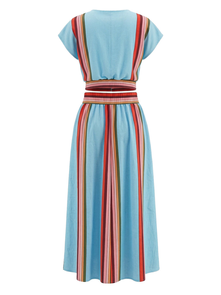 2PCS Blue 1940s Stripe V-Neck Top & Skirt - vintage skirt, retro style for vintage lovers