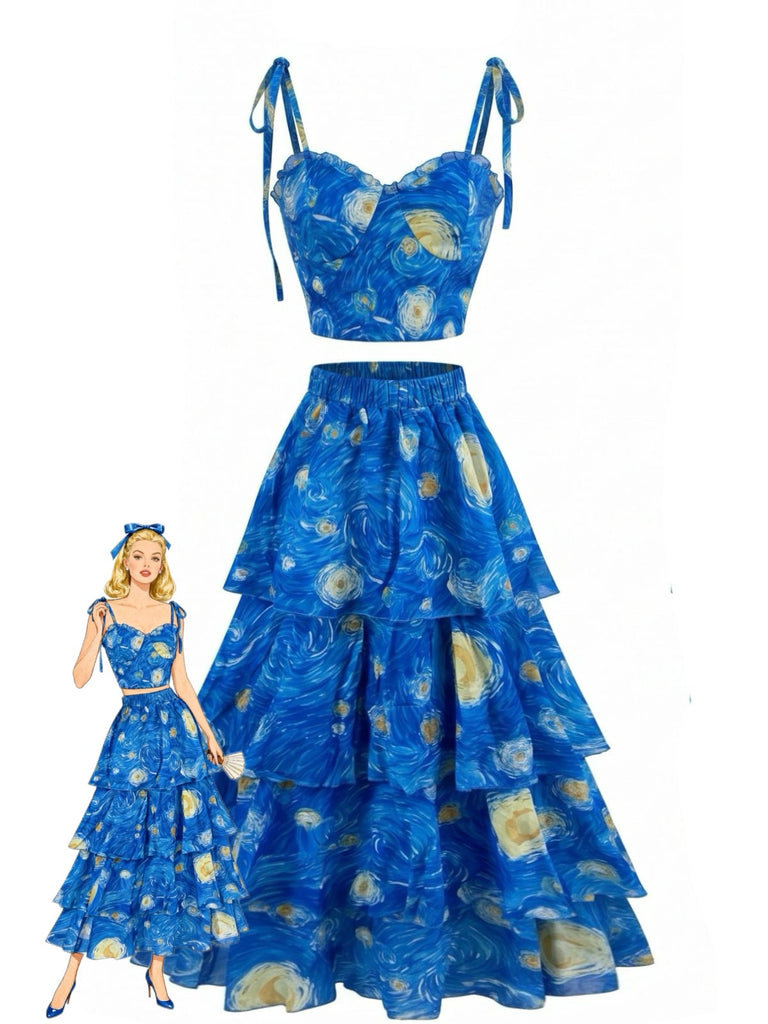 Blue 1950s Print Starry Skirt Set
