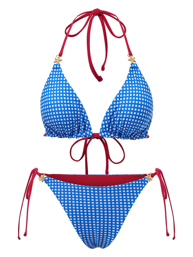 2PCS Blue 1950s Halter Plaid Alloy Star Bikini Set & Shorts, vintage swimsuit, pin-up swimwear - perfect for women who love vintage and retro fashion