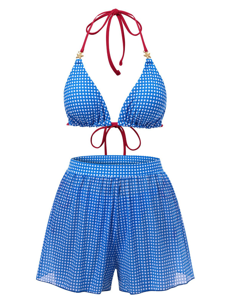 2PCS Blue 1950s Halter Plaid Alloy Star Bikini Set & Shorts, vintage swimsuit, pin-up swimwear - perfect for women who love vintage and retro fashion