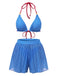 2PCS Blue 1950s Halter Plaid Alloy Star Bikini Set & Shorts, vintage swimsuit, pin-up swimwear - perfect for women who love vintage and retro fashion