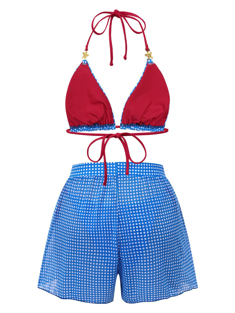 2PCS Blue 1950s Halter Plaid Alloy Star Bikini Set & Shorts, vintage swimsuit, pin-up swimwear - perfect for women who love vintage and retro fashion