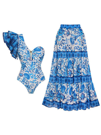 She's wearing 2PCS Blue 1950s One-Shoulder Print Swimsuit & Cover-Up and the whole beach remembers the 1950s