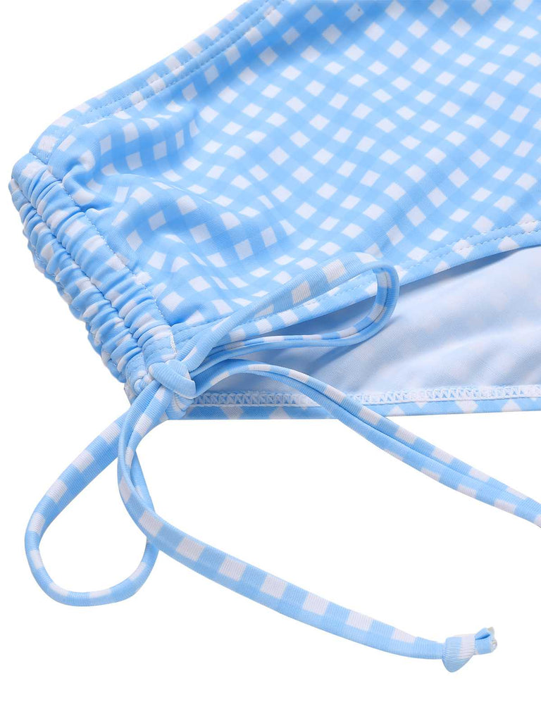 2PCS Blue 1950s Plaids Swimsuit & Mesh Cover-Up: 1950s Riviera elegance, reimagined for her