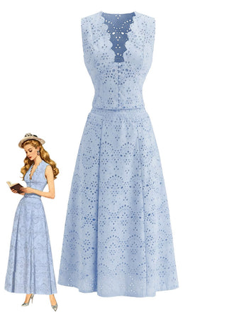 2PCS Blue 1950s Plunging Embroidery Vest & Maxi Skirt, vintage skirt, retro style, rockabilly, pin-up fashion - vintage inspired fashion