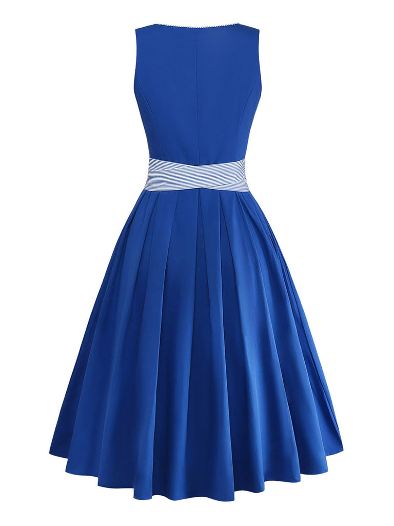 Dark Blue 1950s Floral Square Neck Belted Dress 3