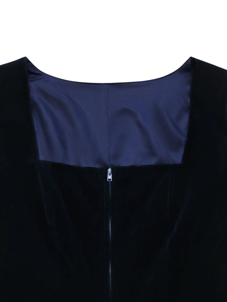 2PCS Blue 1950s Square Neck Velvet Dress & Polka Dot Apron, vintage dress, retro fashion, rockabilly, pin-up fashion - vintage inspired fashion