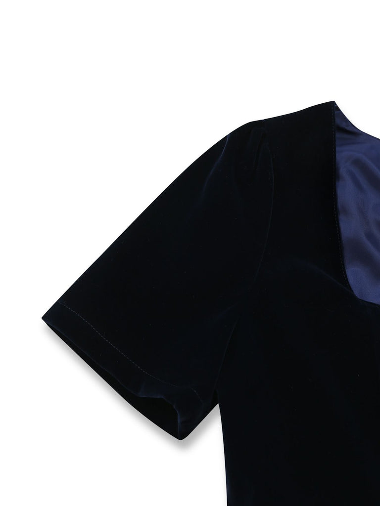 2PCS Blue 1950s Square Neck Velvet Dress & Polka Dot Apron, vintage dress, retro fashion, rockabilly, pin-up fashion - vintage inspired fashion