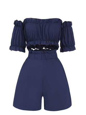 2PCS Blue 1950s Strapless Smocked Top & Shorts, vintage top, retro blouse - perfect for women who love vintage and retro fashion