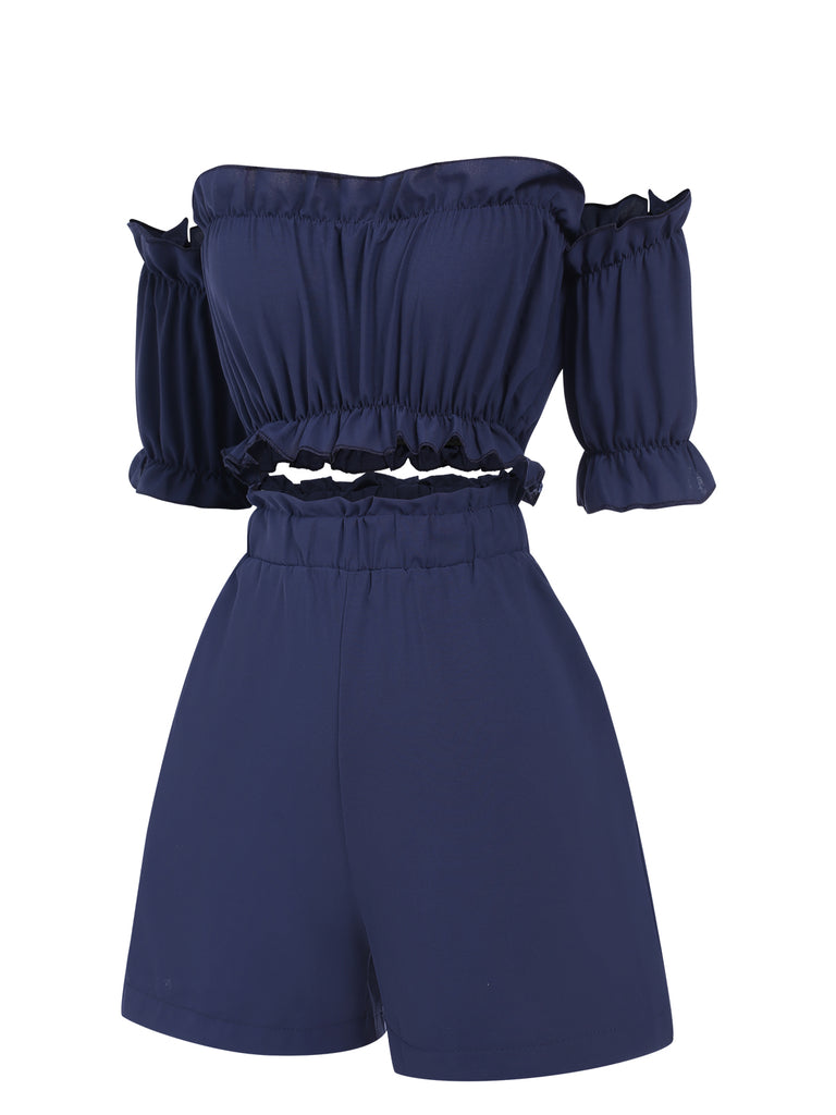 2PCS Blue 1950s Strapless Smocked Top & Shorts, vintage top, retro blouse - perfect for women who love vintage and retro fashion