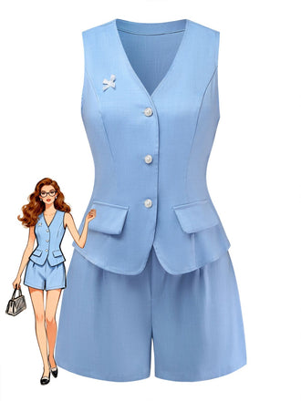 Blue 1950s Linen V-Neck Vest Shorts 2PCS, vintage fashion, retro style - perfect for women who love vintage and retro fashion