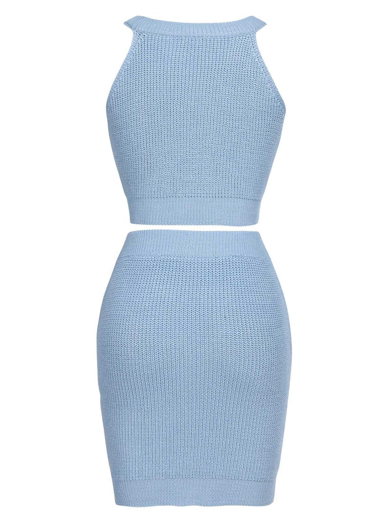 2PCS Blue 1960s Knitted Heart Cropped Top & Skirt — 1960s elegance she can wear anywhere