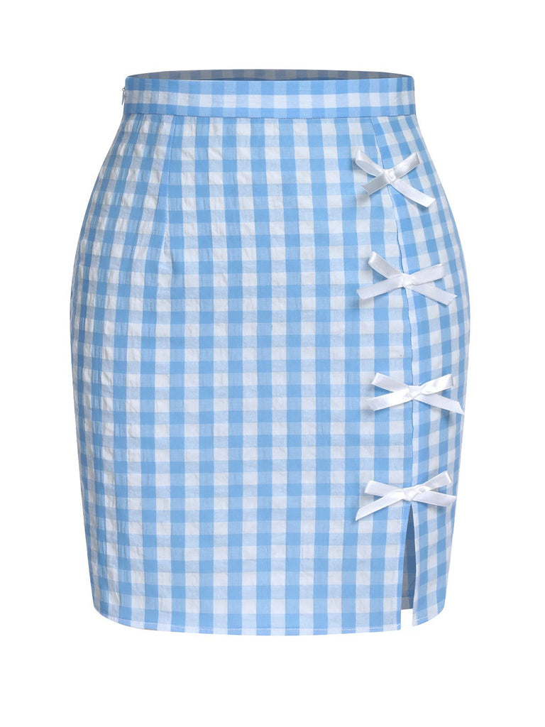 2PCS Blue 1960s Plaid Ruffled Hem Tops & BowKnot Skirts, vintage skirt, retro style - perfect for women who love vintage and retro fashion