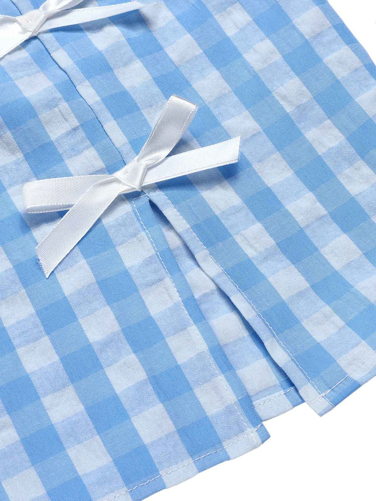 2PCS Blue 1960s Plaid Ruffled Hem Tops & BowKnot Skirts, vintage skirt, retro style - perfect for women who love vintage and retro fashion