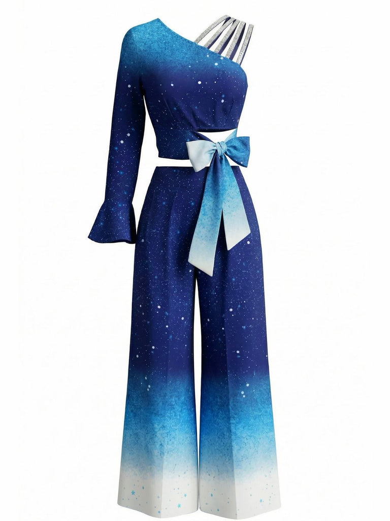 2PCS Blue 1970s Gradient Glitter Top & Pants Set - vintage fashion, retro style