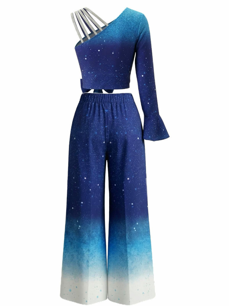 2PCS Blue 1970s Gradient Glitter Top & Pants Set - vintage fashion, retro style
