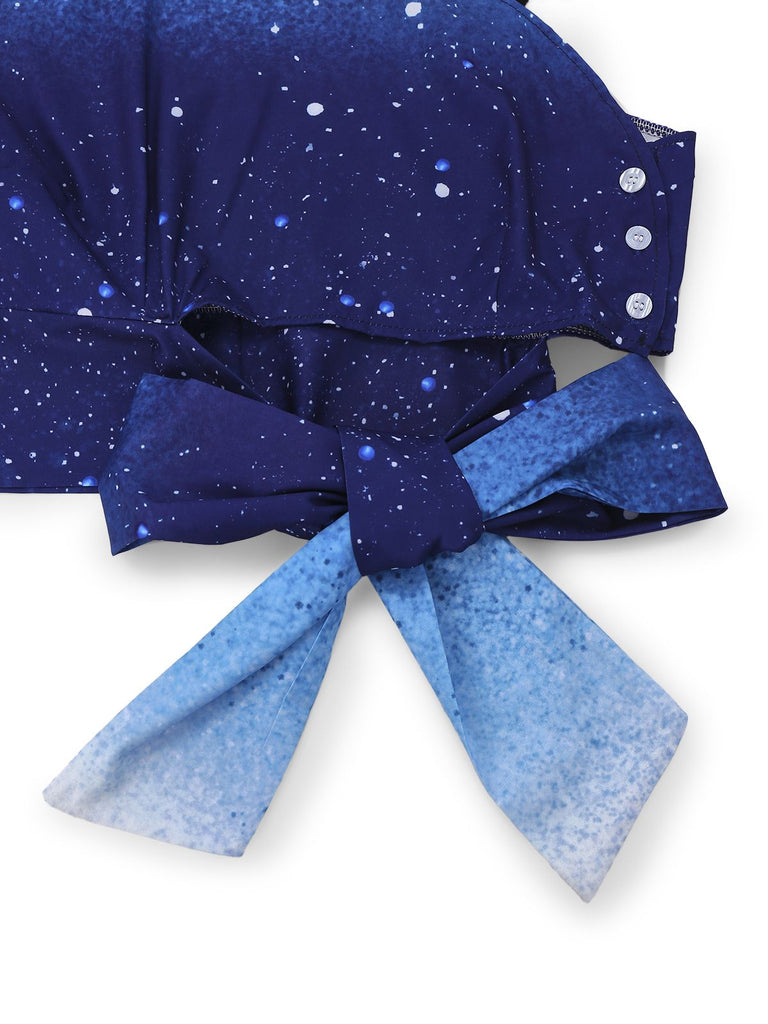 2PCS Blue 1970s Gradient Glitter Top & Pants Set - vintage fashion, retro style