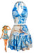 2PCS Blue 1970s Halter Ruched Marble Print Top & Skirt, vintage skirt, retro style - perfect for women who love vintage and retro fashion