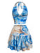 2PCS Blue 1970s Halter Ruched Marble Print Top & Skirt, vintage skirt, retro style - perfect for women who love vintage and retro fashion