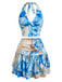 2PCS Blue 1970s Halter Ruched Marble Print Top & Skirt, vintage skirt, retro style - perfect for women who love vintage and retro fashion