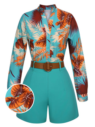 2PCS Blue 1970s Tropical Blouse & Shorts With Belt, vintage top, retro blouse - perfect for women who love vintage and retro fashion