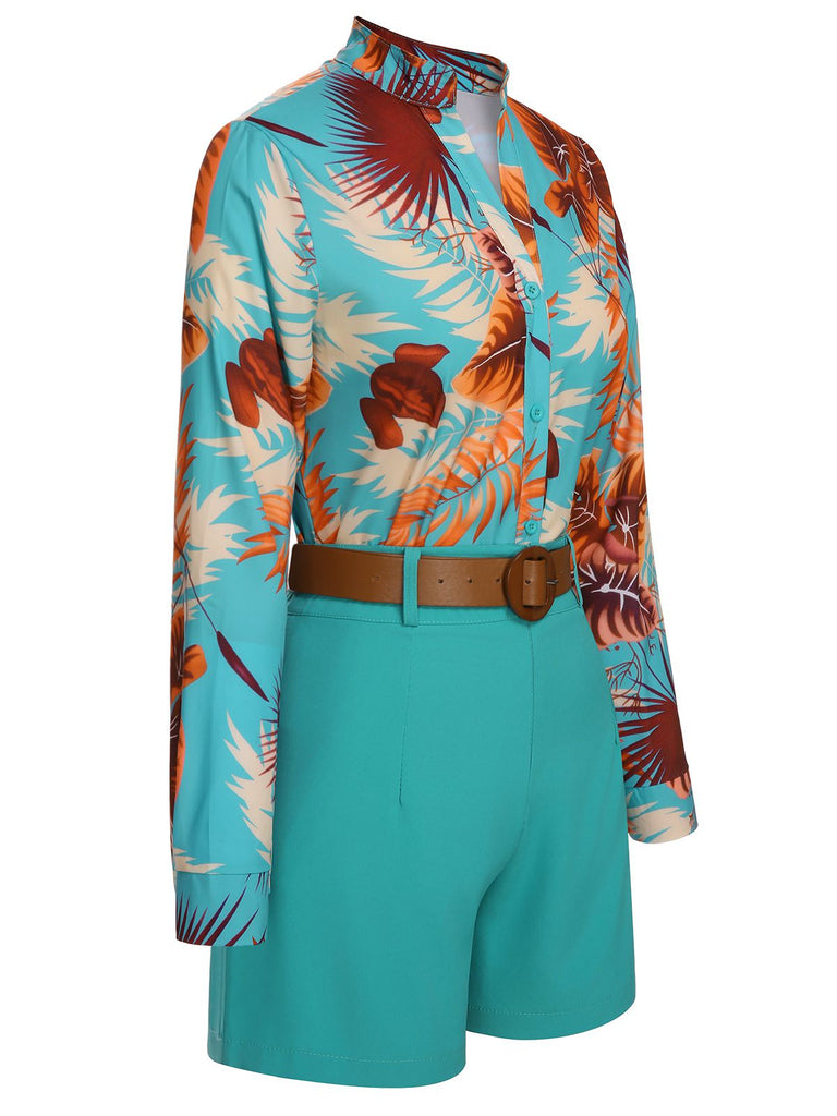 2PCS Blue 1970s Tropical Blouse & Shorts With Belt, vintage top, retro blouse - perfect for women who love vintage and retro fashion