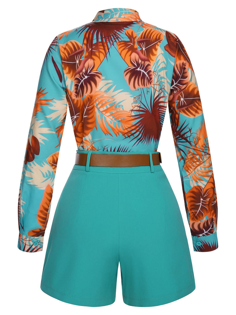 2PCS Blue 1970s Tropical Blouse & Shorts With Belt, vintage top, retro blouse - perfect for women who love vintage and retro fashion