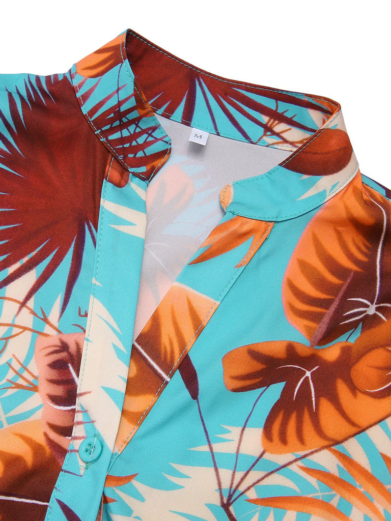 2PCS Blue 1970s Tropical Blouse & Shorts With Belt, vintage top, retro blouse - perfect for women who love vintage and retro fashion