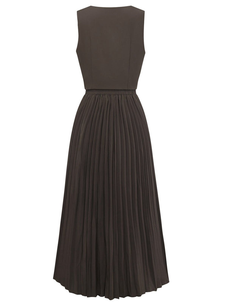 2PCS Brown 1940s Sleeveless Vest & Pleated Midi Skirt, vintage skirt, retro style - perfect for women who love vintage and retro fashion