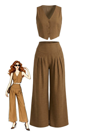 2PCS Brown 1940s V-Neck Vest & Wide Leg Pants - vintage outerwear, retro jacket, classic elegance for vintage lovers